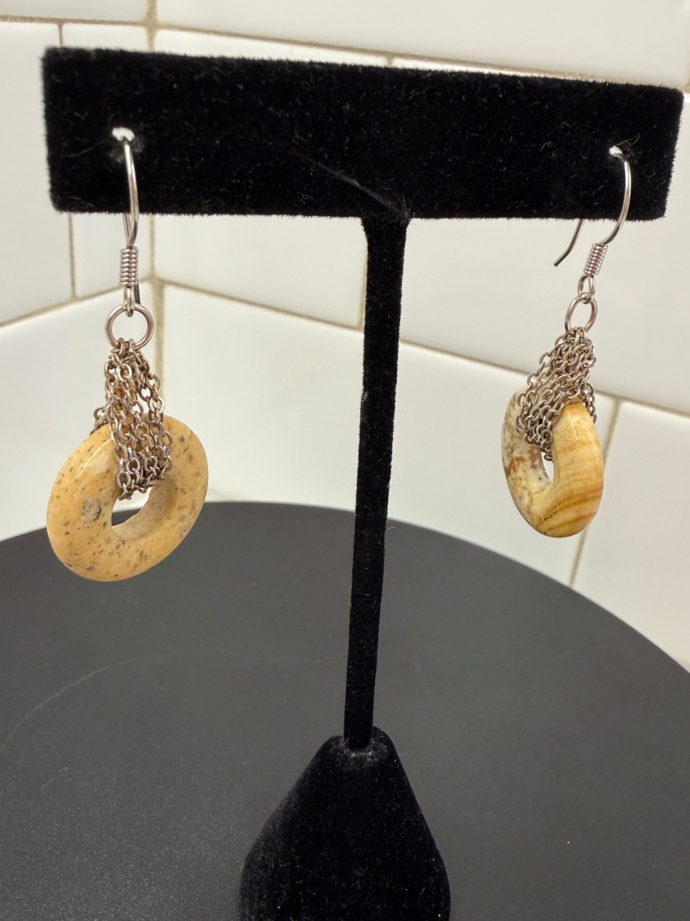Natural Stone Donut Drop Earrings with Silver Chains - Beige